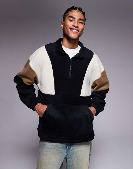 ASOS DESIGN oversized quarter-zip funnel neck fleece sweatshirt with colourblock in black