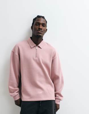 Asos Design Oversized Quarter Zip Polo In Pink