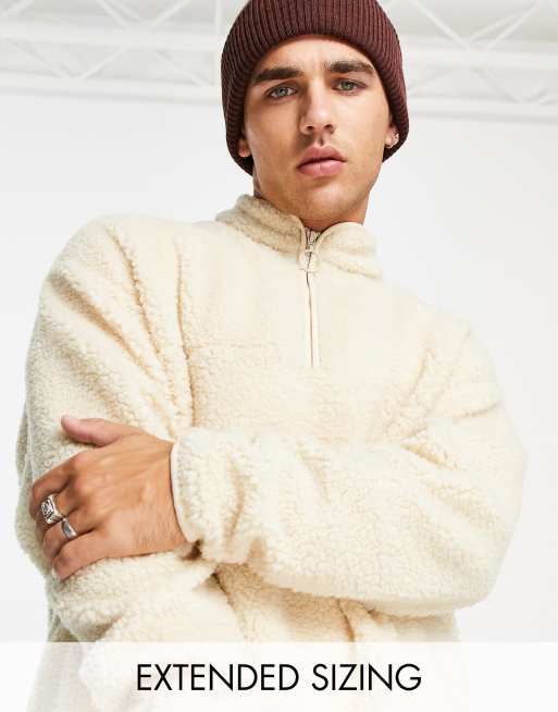 ASOS DESIGN oversized quarter zip sweatshirt in beige borg