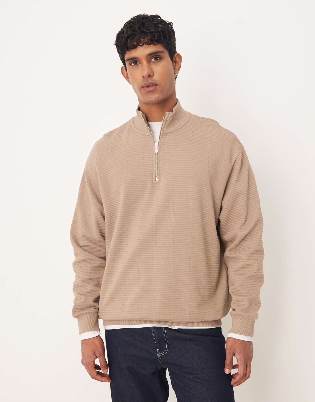 ASOS DESIGN oversized quarter zip sweatshirt in beige