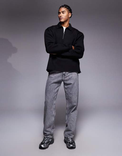 ASOS DESIGN oversized quarter-zip sweatshirt in black in scuba-style fabric