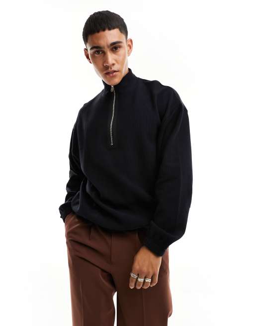 ASOS DESIGN oversized quarter zip sweatshirt in ribbed fabric in black