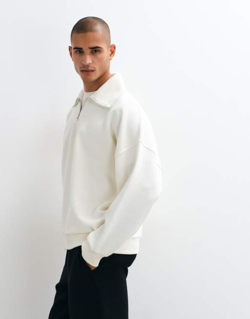 ASOS DESIGN oversized quarter zip sweatshirt in textured fabric in beige, 5 of 5