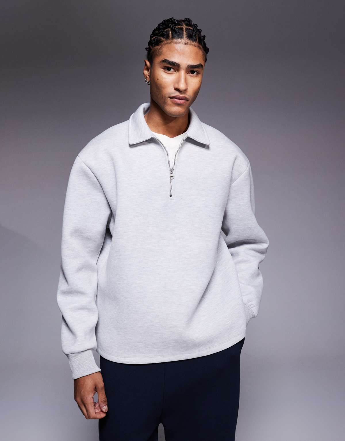 ASOS DESIGN oversized quarter zip sweatshirt with collar and fixed hem in grey marl