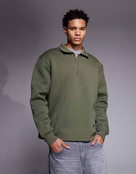 ASOS DESIGN oversized quarter zip sweatshirt with collar and fixed hem in khaki green - view 1