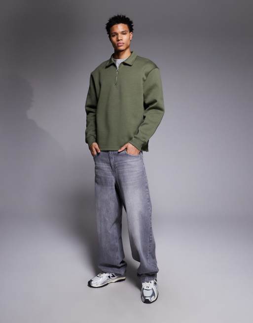 ASOS DESIGN oversized quarter zip sweatshirt with collar and fixed hem in khaki green, 2 of 5