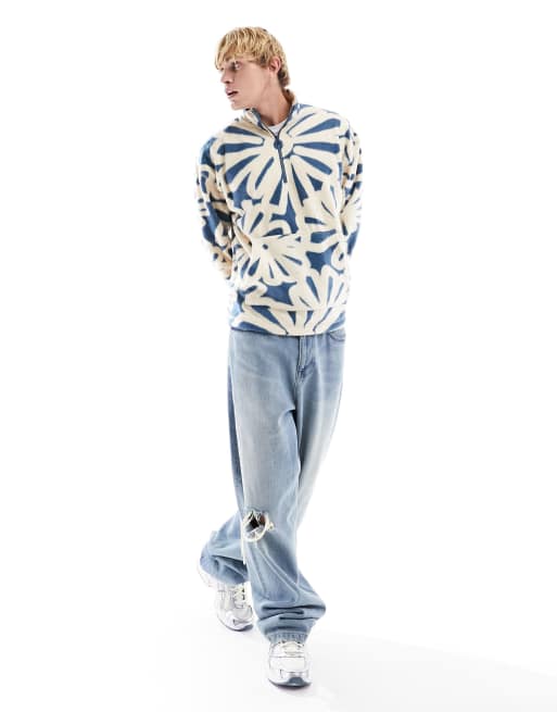 ASOS DESIGN oversized quarter zip sweatshirt with flower all-over print in polar fleece , 2 of 4