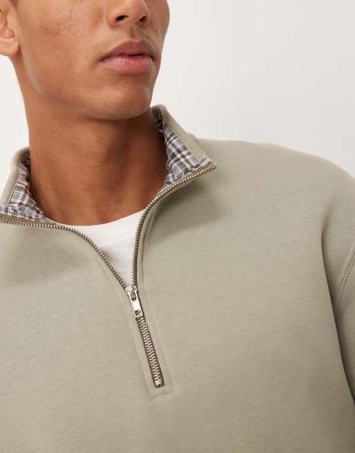 ASOS DESIGN oversized quarter zip sweatshirt with internal plaid in khaki green, 5 of 5