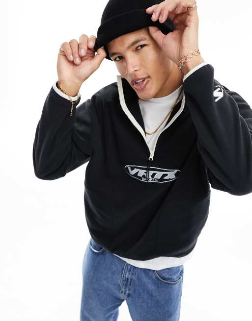 ASOS DESIGN oversized quarter zip sweatshirt with sport embroidery in dark grey polar fleece
