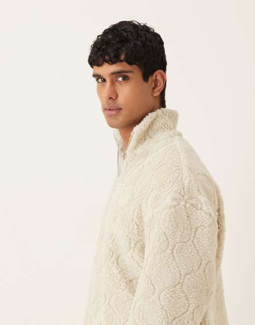 ASOS DESIGN oversized quarter zip textured borg funnel neck in ecru, 4 of 5