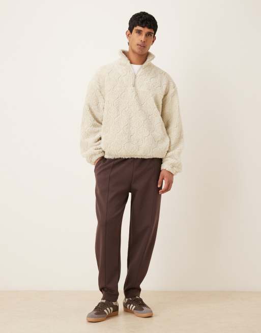 ASOS DESIGN oversized quarter zip textured borg funnel neck sweatshirt in ecru, 2 of 5