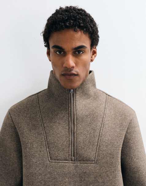 ASOS DESIGN oversized quarter zip textured borg sweatshirt with funnel neck in brown - view 1