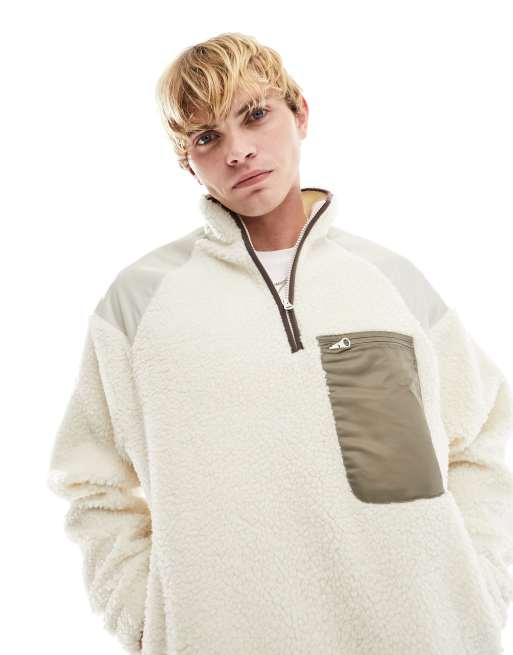 ASOS DESIGN oversized quarter zip with contrast pocket in off white borg
