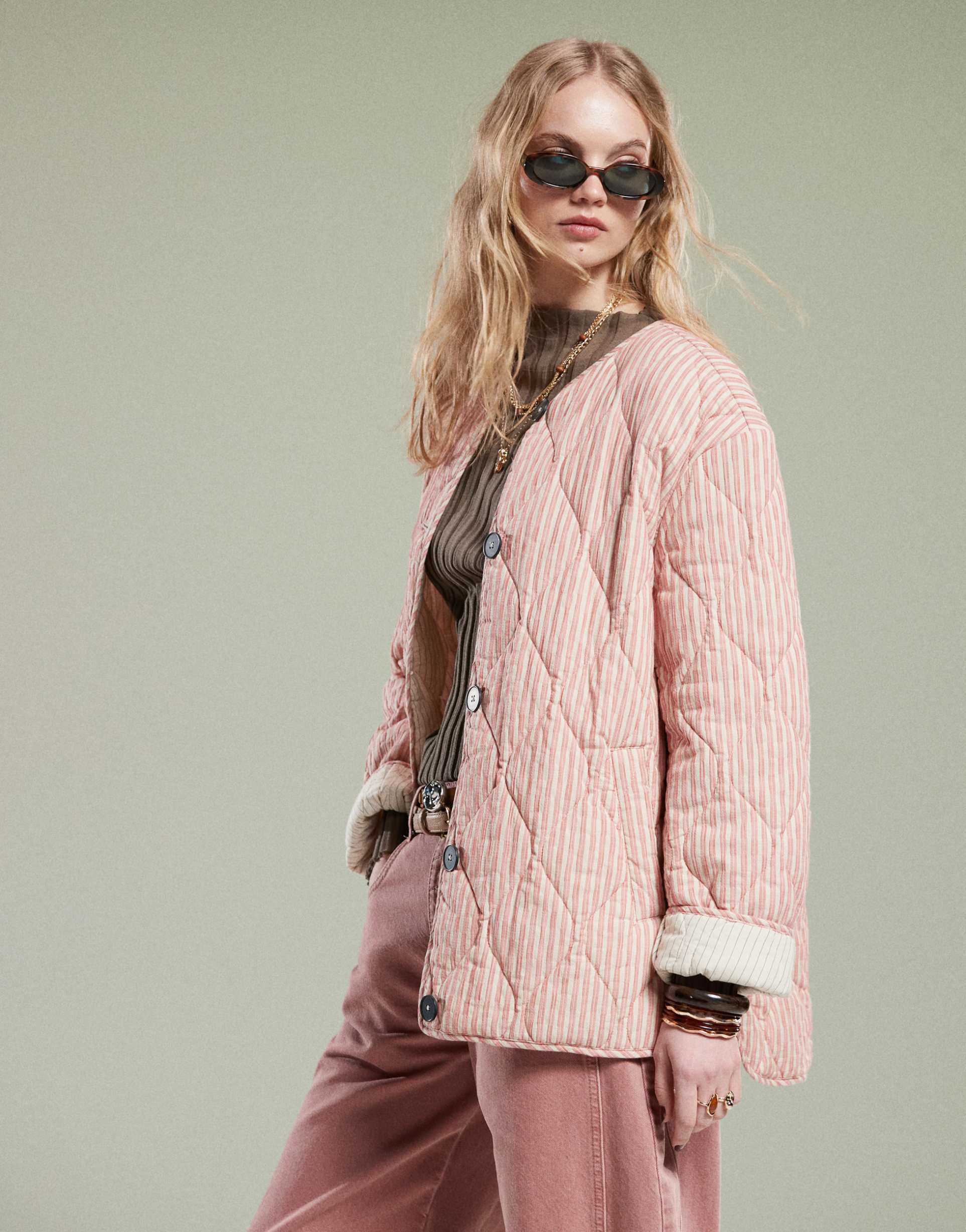 asos design oversized quilted jacket in pink stripe and contrast lining