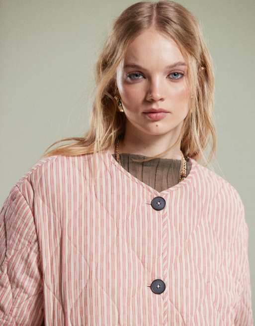 ASOS DESIGN oversized quilted jacket in pink stripe and contrast lining