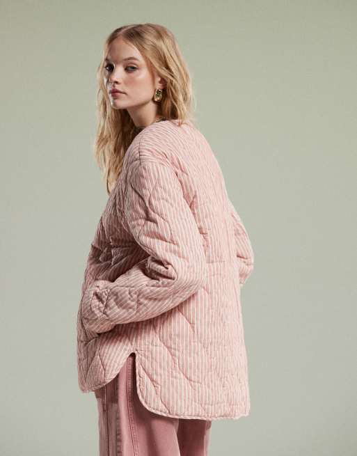 ASOS DESIGN oversized quilted jacket in pink stripe and contrast lining