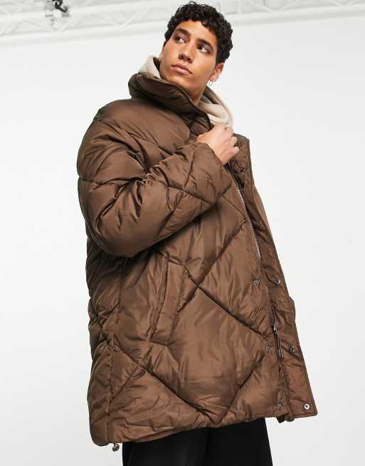 ASOS DESIGN Tall ruched sleeve maxi puffer coat in brown