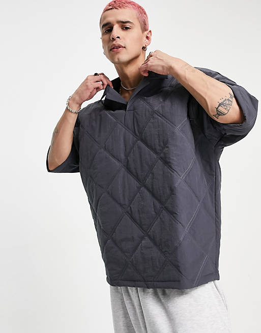 Polo shirts oversized quilted revere polo shirt in faded black 