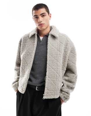 oversized quilted teddy lined harrington jacket in gray-Neutral