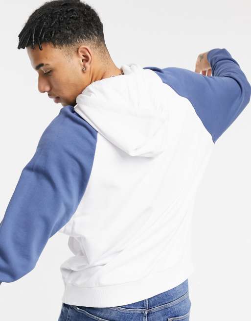 ASOS DESIGN oversized raglan hoodie in white with washed blue sleeves chest line drawing