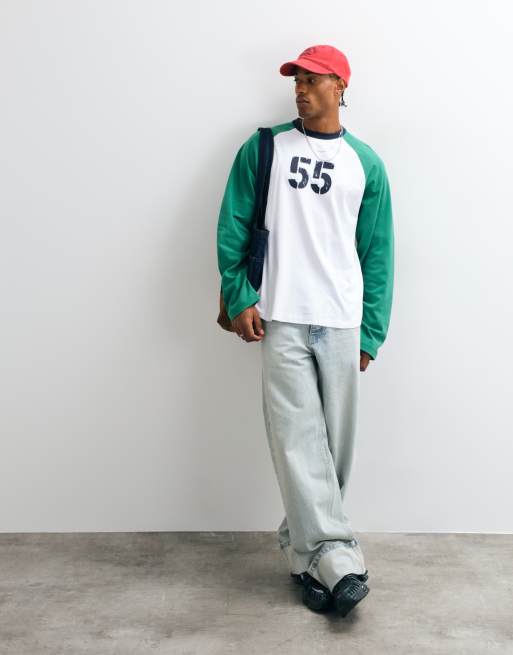 ASOS DESIGN oversized raglan long sleeve t-shirt with number graphic in white and green, 3 of 5
