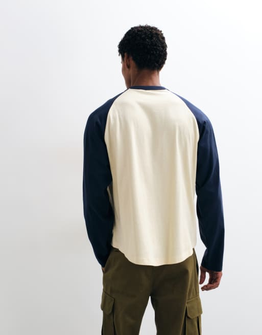 ASOS DESIGN oversized raglan long sleeve t-shirt with text print and curved hem in cream and navy, 5 of 5