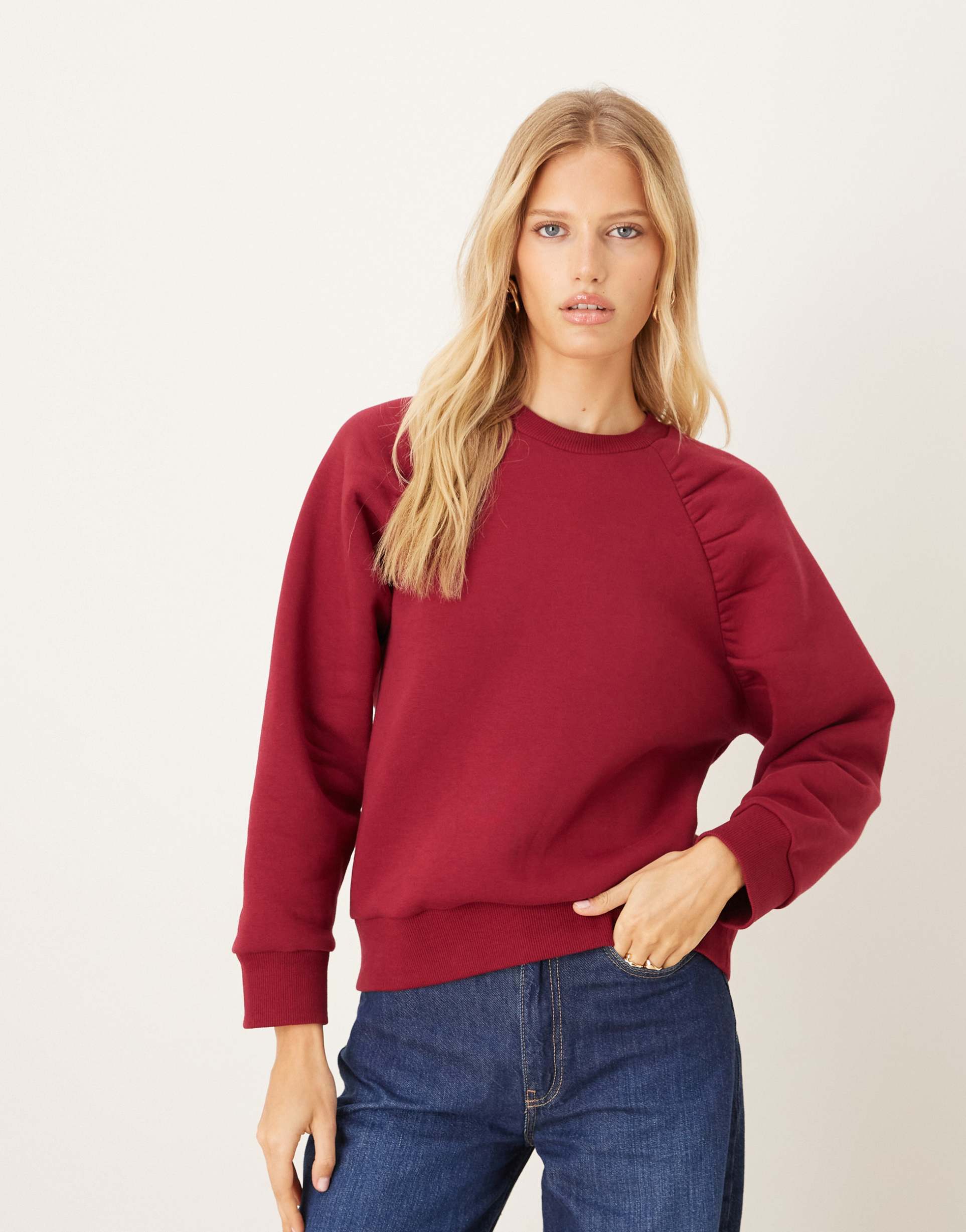 asos design oversized raglan sweatshirt with ruched detail in burgundy