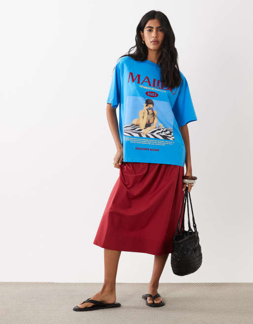 ASOS DESIGN oversized raglan t-shirt with beach club graphic in navy with red flock, 2 of 4