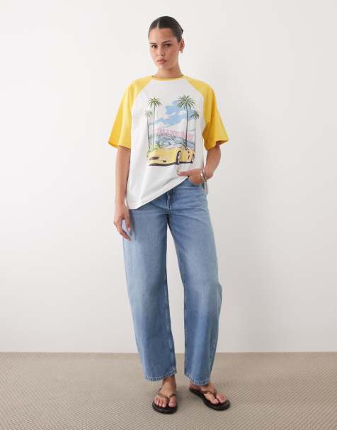 ASOS DESIGN oversized raglan t-shirt with Hollywood car graphic in white and lemon - view 1
