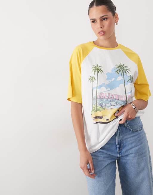 ASOS DESIGN oversized raglan T-shirt with Hollywood car graphic in white and lemon, 2 of 4
