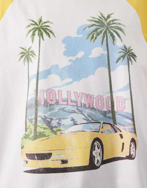 ASOS DESIGN oversized raglan T-shirt with Hollywood car graphic in white and lemon, 3 of 4