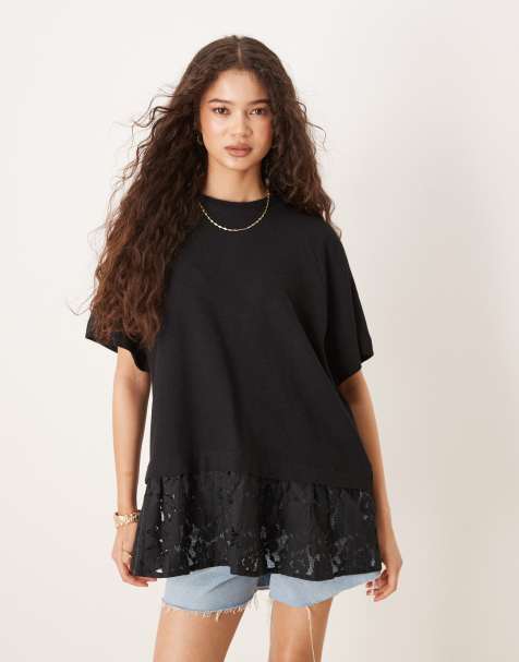 ASOS DESIGN oversized raglan T-shirt with lace hem detail in black - view 1