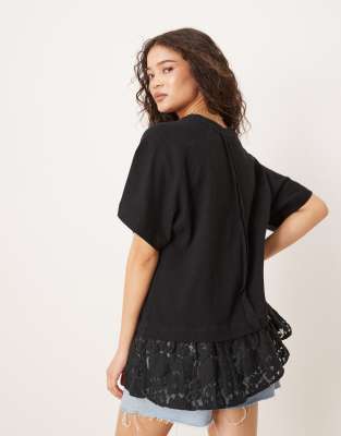 Asos Design Oversized Raglan T-shirt With Lace Hem Detail