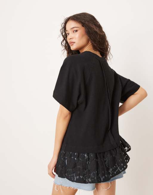 ASOS DESIGN oversized raglan T-shirt with lace hem detail in black, 2 of 4