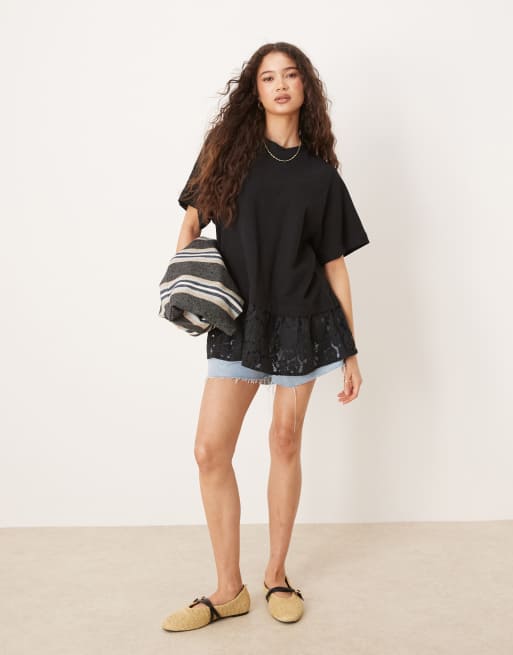 ASOS DESIGN oversized raglan T-shirt with lace hem detail in black, 3 of 4