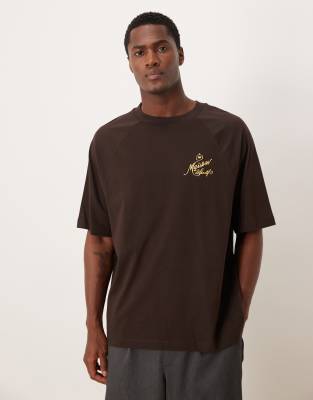 ASOS DESIGN oversized raglan t-shirt with text embroidery in brown