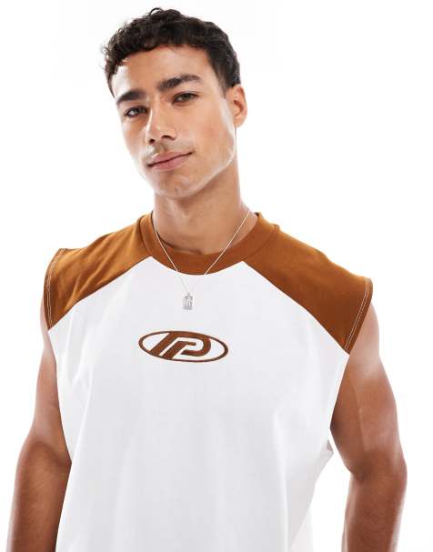 ASOS DESIGN oversized raglan tank with contrast neck and chest graphic in white - view 1