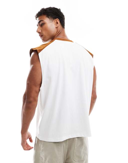 ASOS DESIGN oversized raglan tank with contrast neck and chest graphic in white