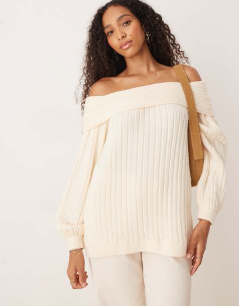 ASOS DESIGN - Oversized råhvid trøje i ribstrik med offshoulder-snit og ballonærmer - view 1