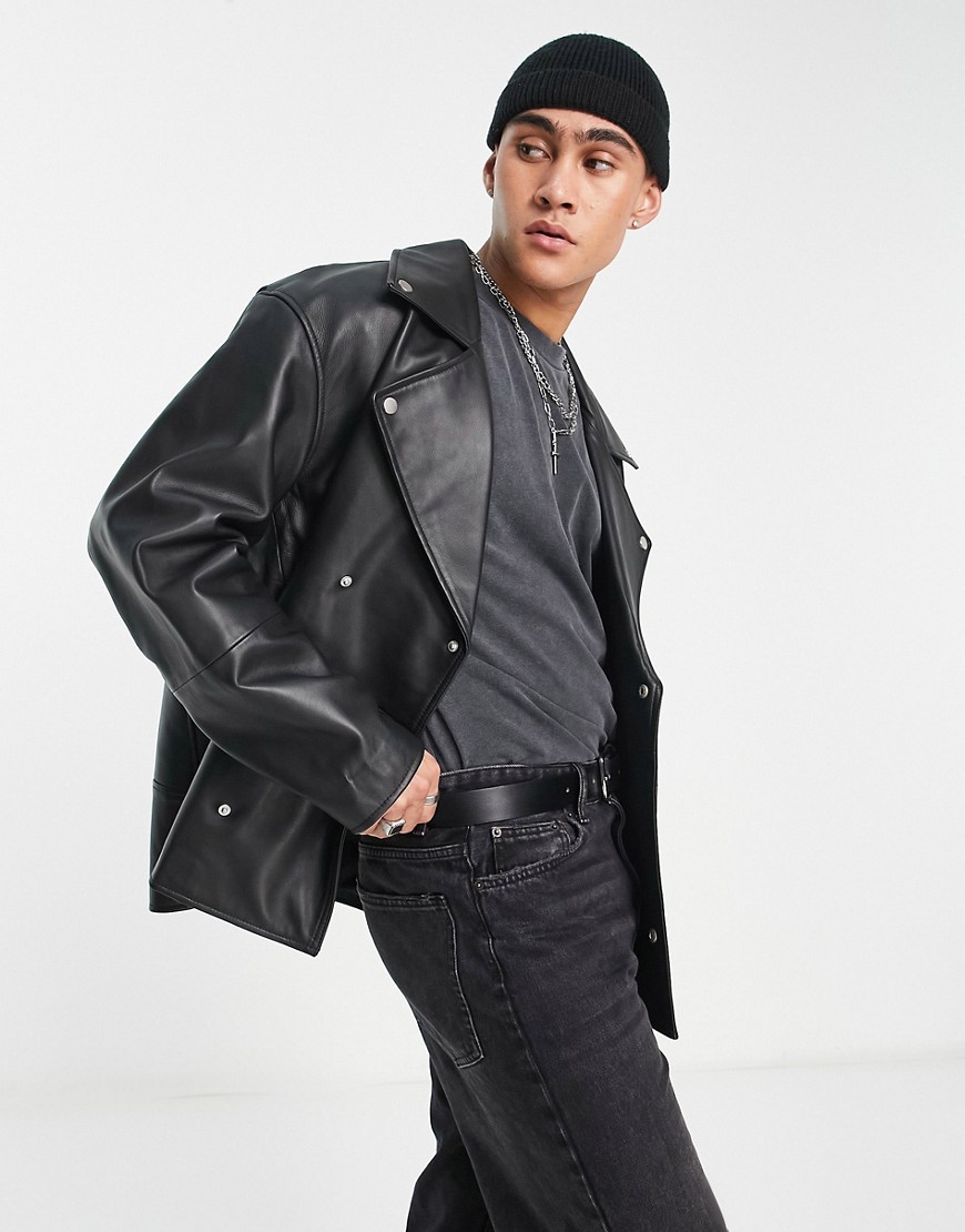 ASOS DESIGN oversized real leather biker jacket in black