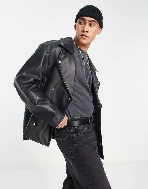 ASOS DESIGN oversized real leather varsity jacket in brown