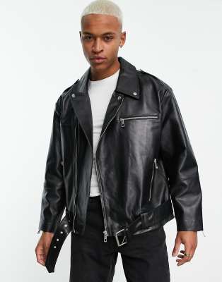 oversized real leather biker jacket in black