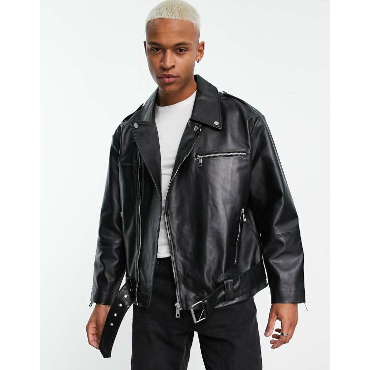 Black Faux Leather Pocket Detail Oversized Cropped Jacket