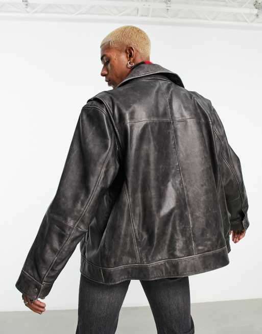 ASOS DESIGN oversized real leather biker jacket in vintage black