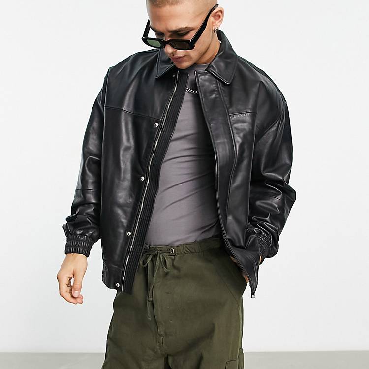 ASOS DESIGN oversized real leather bomber jacket in black