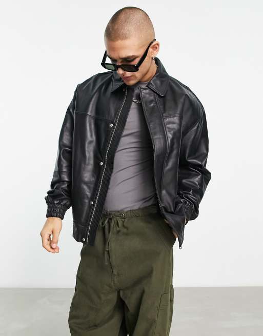 ASOS DESIGN oversized real leather varsity jacket in brown