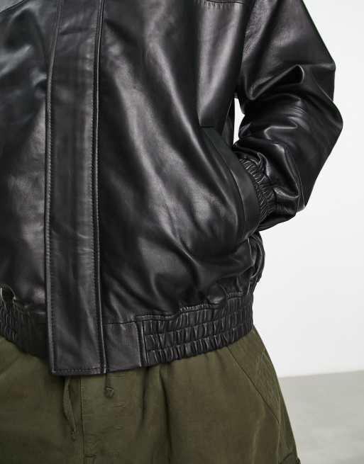 ASOS DESIGN oversized real leather biker jacket in vintage black