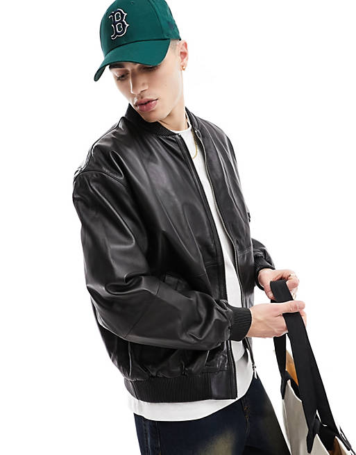 ASOS DESIGN oversized real leather bomber jacket in black | ASOS