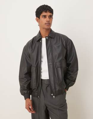 Asos Design Real Leather Oversized Zip Up Hooded Jacket In Black