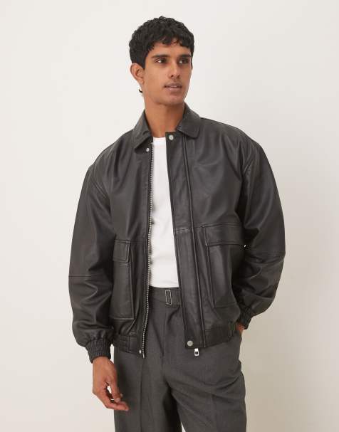 ASOS DESIGN oversized real leather bomber jacket in black - view 1